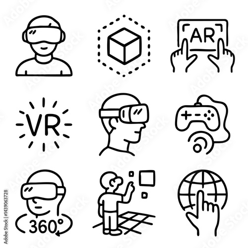 A cute doodle icon set featuring virtual reality, augmented reality, VR headsets, 360 experiences, gaming, and digital interaction concepts