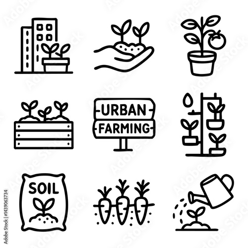 A cute doodle icon set featuring urban farming, gardening, soil care, planting, and sustainable city agriculture in a playful style