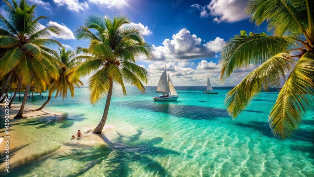 Obraz premium Tranquil Beach Scene Palm Trees Frame Crystal-Clear Turquoise Waters, Sailboats Glide Gently, Person Relaxing on Sandy Shore