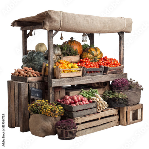 Rustic market stall showcasing a variety of vegetables, fall harvest concept, clear background --v 7.0