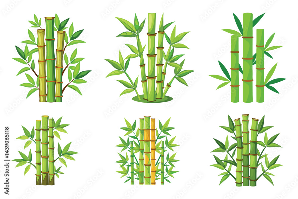 Obraz premium Six different bamboo stalks clustered together with green bamboo leaves around them