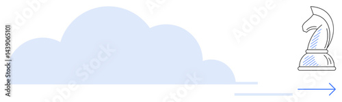 Cloud shaping a strategic future shown with chess knight piece and forward arrow. Ideal for innovation, leadership, planning, analytics, digital transformation, strategy, goal-setting. Flat simple