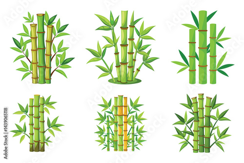 Six different bamboo stalks clustered together with green bamboo leaves around them