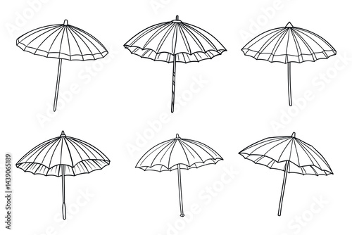 Six simple black and white line art of parasol style umbrellas