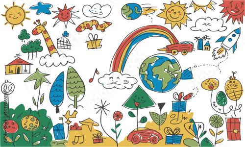  Colorful modern vector illustration filled child's hand drawing ,easily editable.