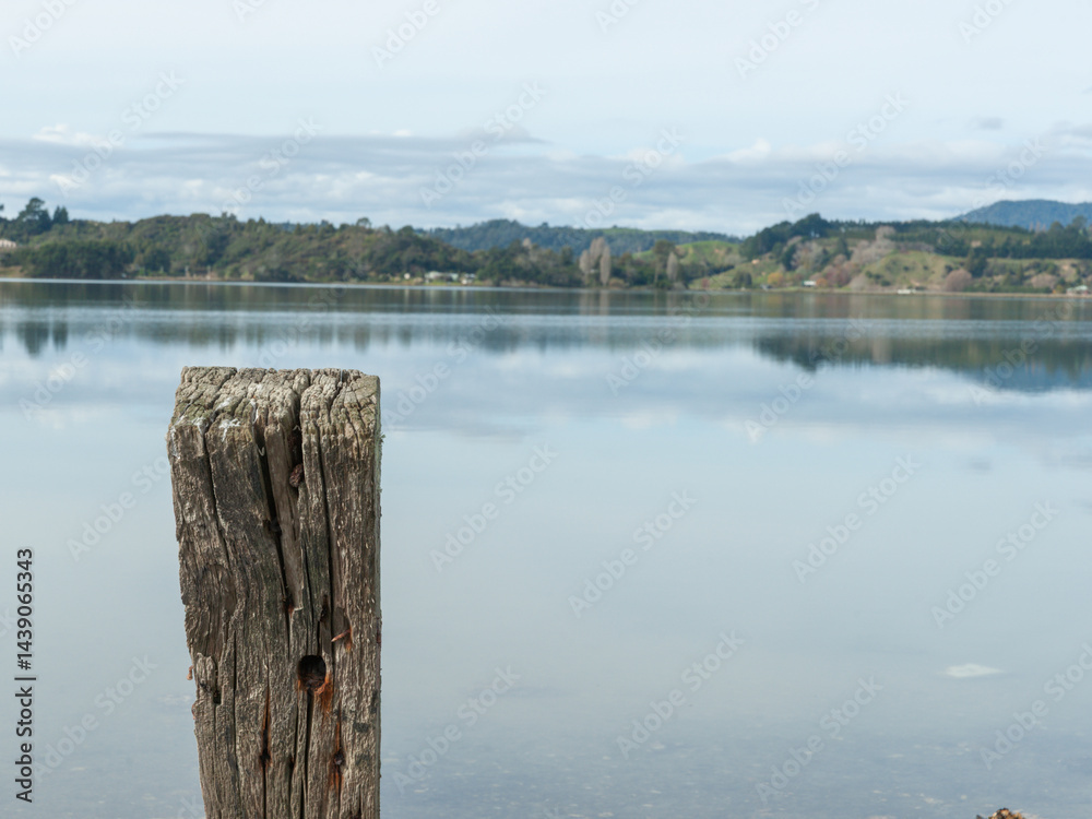 posts and stove breakwater in foreground of Ohiwa harbour scene