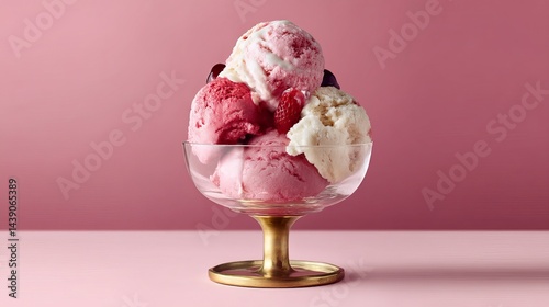 Wallpaper Mural Ice cream scoops in a glass bowl with a golden base against a pink background in a studio setting Torontodigital.ca
