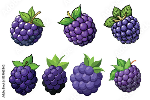 A vibrant collection of cartoon blackberries with green leaves on a white background
