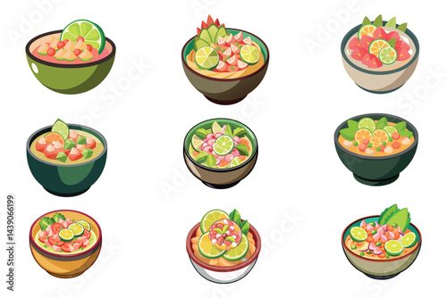 Nine bowls of different variations of refreshing and flavorful ceviche dishes