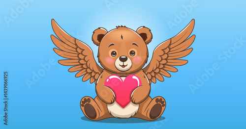Vector sitting cute brown plush kind friendly soft toy Teddy bear with spread wings. Bearish angel or cupid. Heaven, heart, love and tender. Valentines day. Wedding