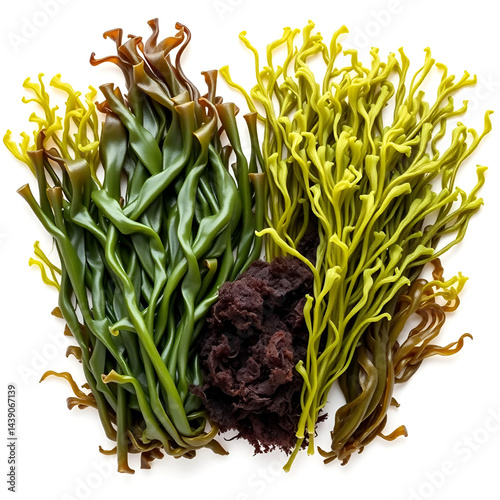 Isolated laminaria, spirulina, fucus, litotamnia seaweed on a white background,  fresh,  spirulina