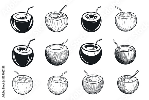 Stylized Coconut Drinks Pattern with Straws, Black and White Summer Illustration