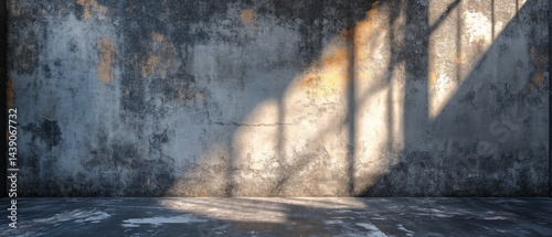 Sunlight shadow patterns on a weathered concrete wall, interior space