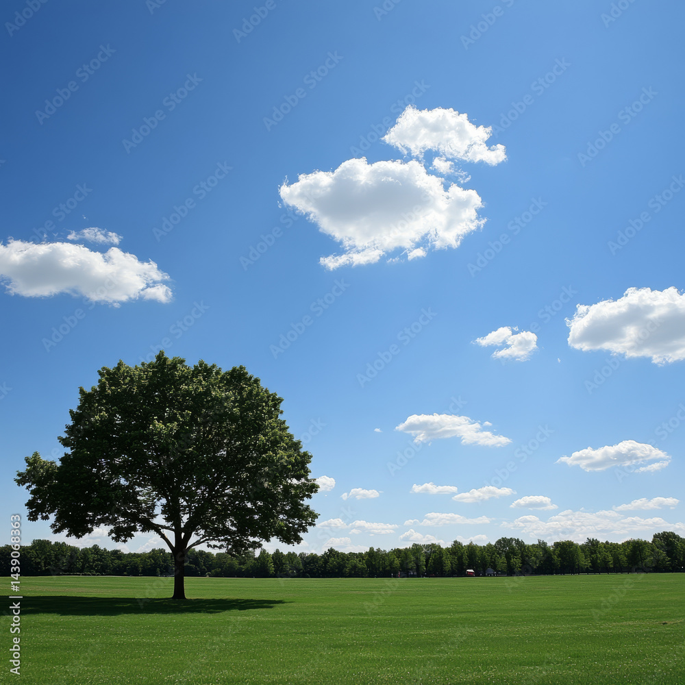 Fototapeta premium serene landscape featuring large tree standing alone on vibrant green field under clear blue sky adorned with fluffy white clouds. scene evokes sense of tranquility and natural beauty