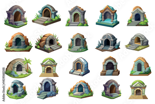 A collection of colorful, stylized tomb entrance illustrations perfect for game design
