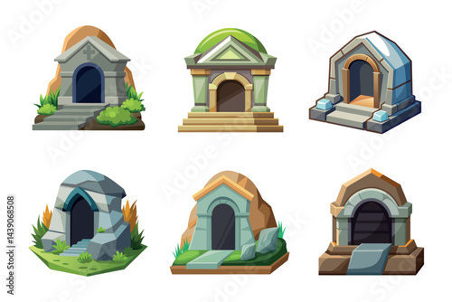 Cartoon illustration of different stone crypt and tomb variations for game design