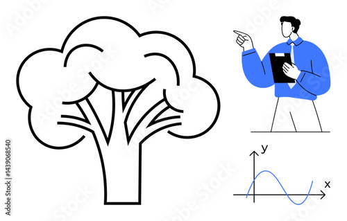 Man in blue presenting data with clipboard near abstract tree and graph. Ideal for sustainability, ecology, analysis, business, education, strategy, growth concept. Flat simple metaphor