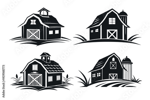 Four Monochrome Barn Vector Illustrations with Silos and Farm Land