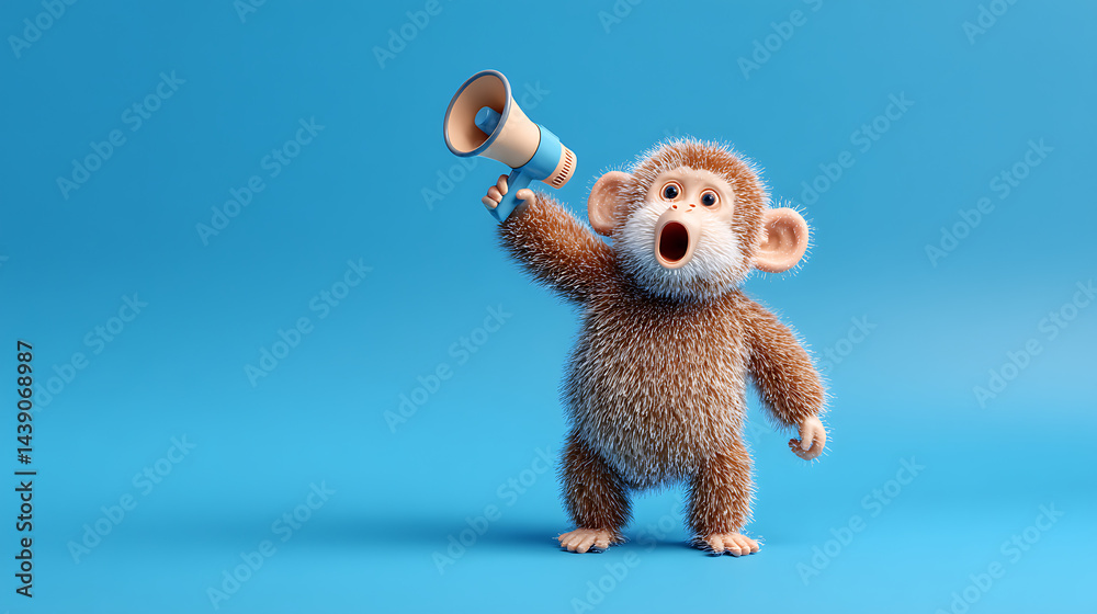 Fototapeta premium Adorable cartoon monkey with a megaphone expressing excitement against a bright blue background