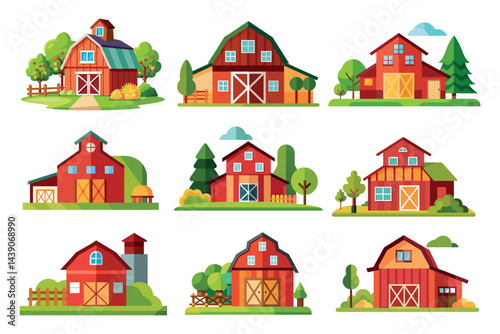 Collection of Cartoon Barns with Varied Styles and Colorful Surroundings
