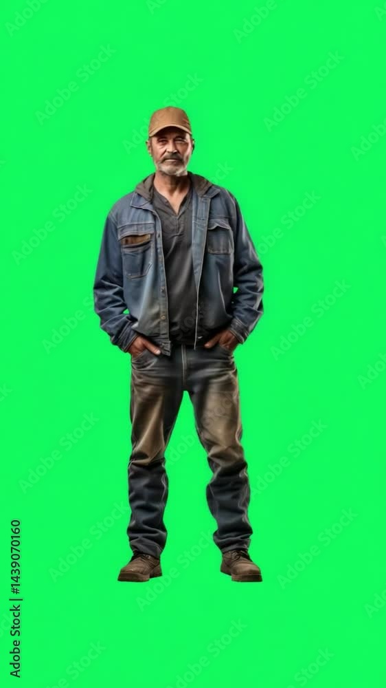 Portrait of a Resilient Worker: A grizzled worker stands confidently, with a weathered cap and denim jacket against a bright green background, a visual testament to strength. Portrait of a Resilient Worker: A grizzled worker stands confidently, with a weathered cap and denim jacket against a bright green background, a visual testament to strength.