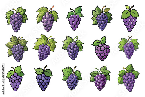 Fifteen stylized bunches of purple grapes with green leaves on white backdrop