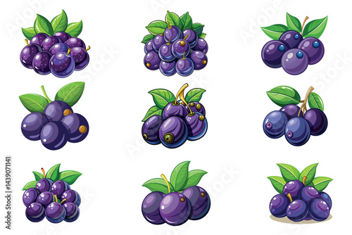 Nine Sets of Cartoon Java Plum Fruits with Leaves in Various Poses