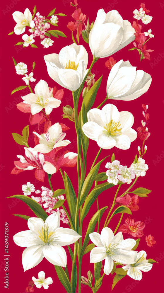 Fototapeta premium Floral arrangement featuring vibrant white and pink flowers against rich red background, creating striking and elegant visual. composition evokes feelings of beauty and freshness