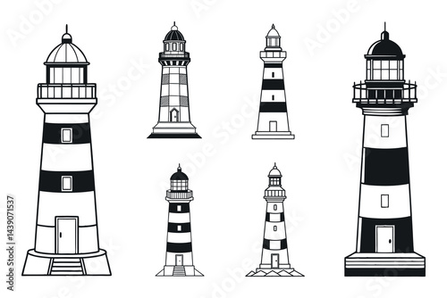 A collection of diverse lighthouse illustrations with varying designs and styles