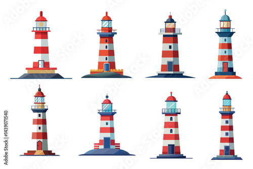 Collection of eight vector illustrations of maritime lighthouses in different styles