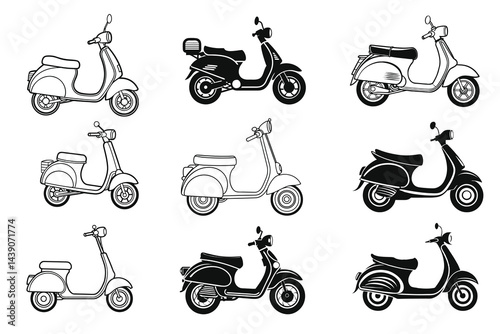 Collection of retro Vespa scooters, vector black and white illustration background