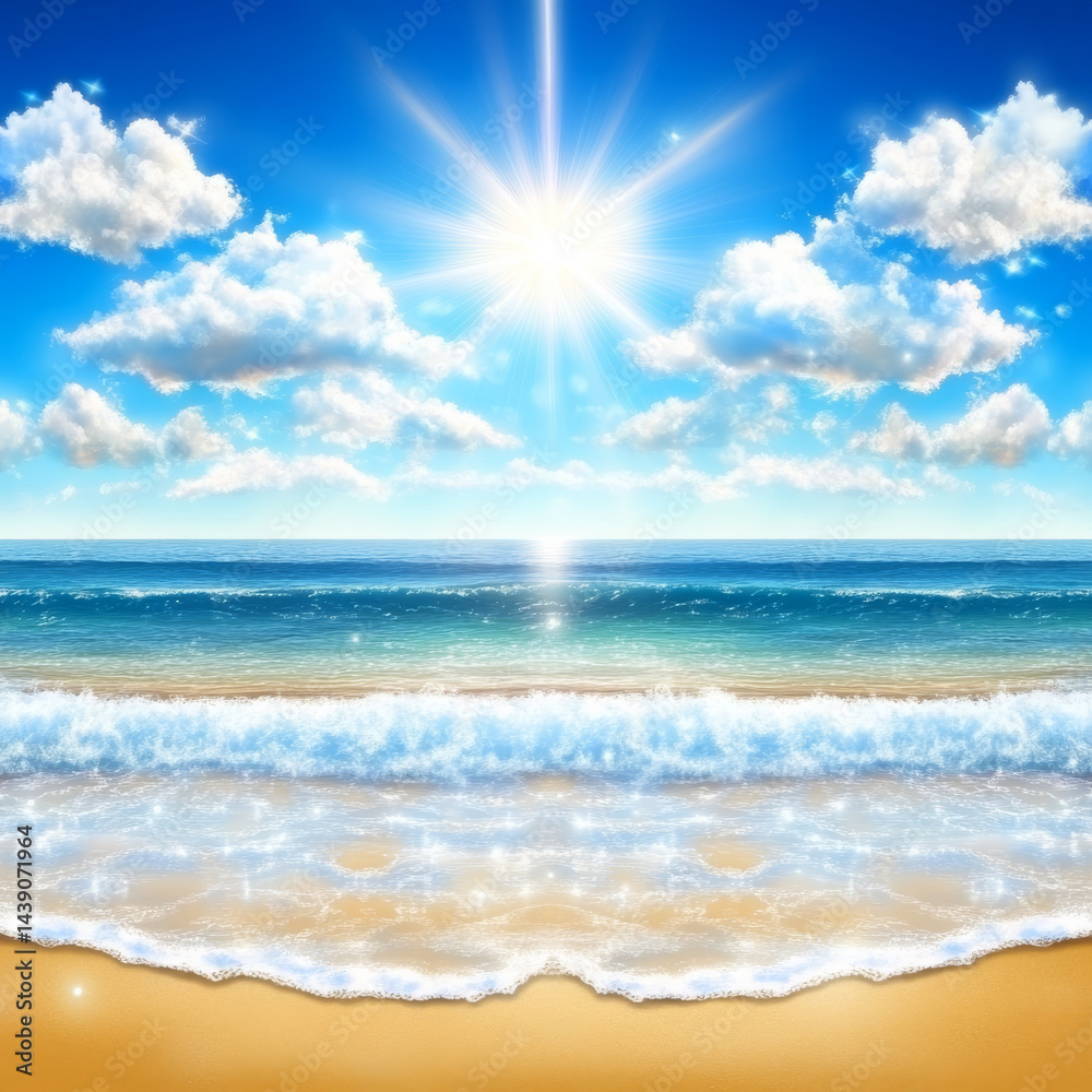 beautiful beach scene featuring bright sun shining over calm ocean, with fluffy clouds scattered in clear blue sky. gentle waves lap against sandy shore, creating serene atmosphere beautiful beach scene featuring bright sun shining over calm ocean, with fluffy clouds scattered in clear blue sky. gentle waves lap against sandy shore, creating serene atmosphere