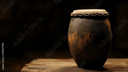 Aged wooden drum, dark tones, traditional percussion instrument photo
