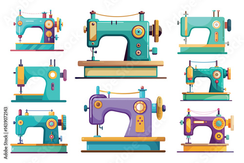 Collection of vintage sewing machines in bright colors, flat vector illustrations