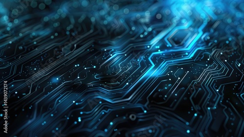 Abstract picture particle in complex circuit with digital technology style design and the electric light graphic show dynamic movement represent processor of chip algorithm process on computer. AIG53.