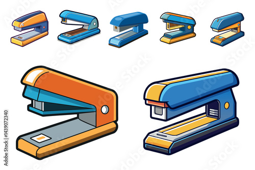 Collection of Cartoon Staplers in Various Sizes and Colors, Isolated on White