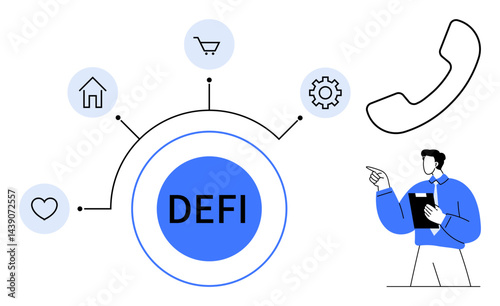 Central circular DEFI text linked to icons for home, shopping, love, settings, and a phone alongside a person with a clipboard. Ideal for finance, technology, business, innovation networking