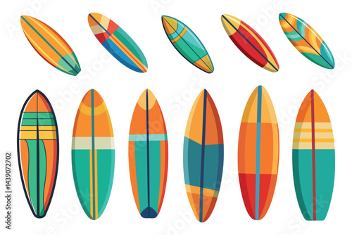 Selection of colorful retro surfboards with unique designs for a summer vibe