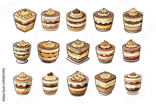 Collection of Delicious Layered Dessert Cups with Various Toppings and Textures