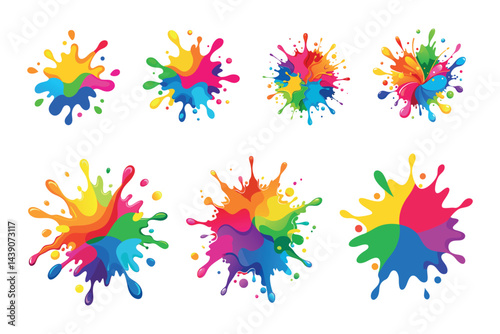 Collection of vibrant and dynamic colorful paint splashes on a white background