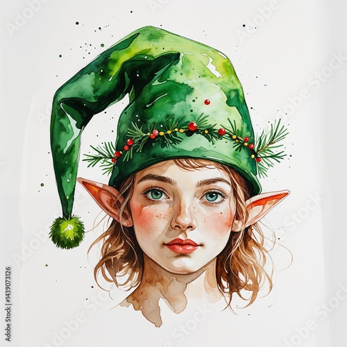 Green elf hat watercolor art painting design on plain white background illustration