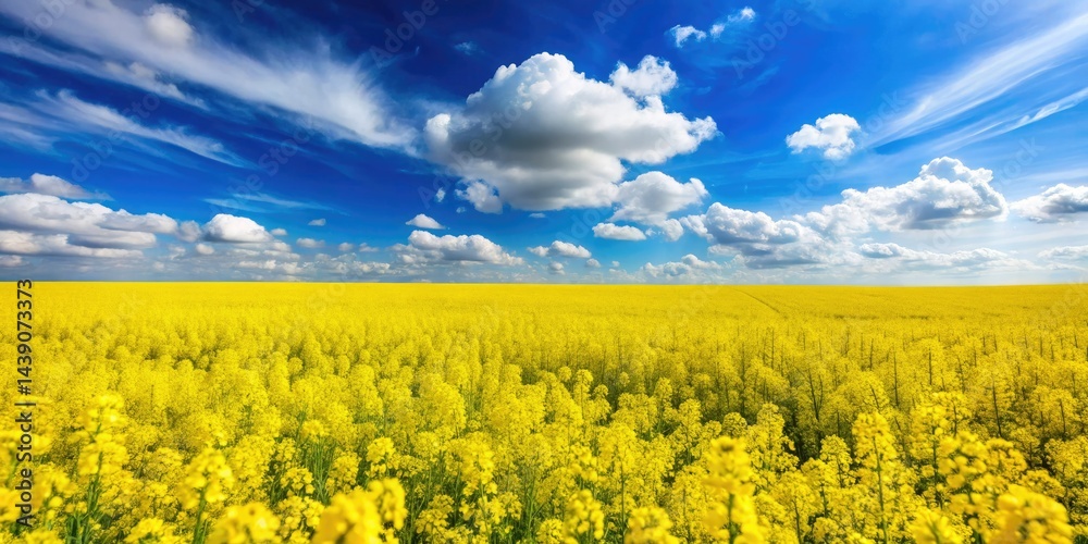 Obraz premium Vibrant Yellow Rapeseed Field, Sunny Sky, Spring Landscape Photography