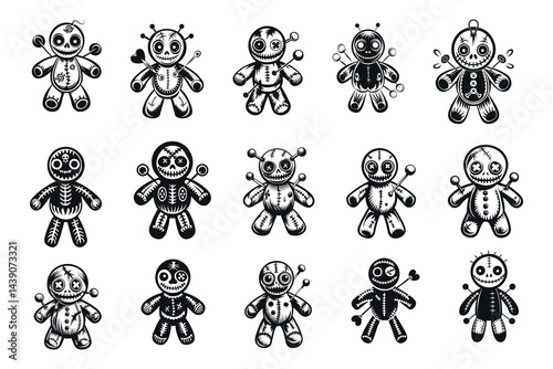 Collection of fifteen different stylized voodoo doll illustrations on a white background