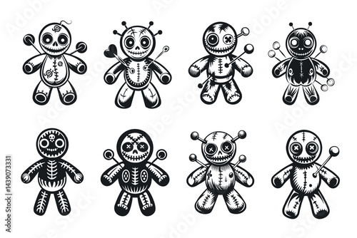 Spooky Voodoo Dolls Collection in Black and White Artistic Style
