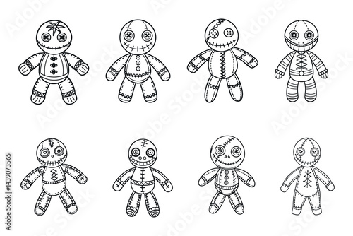Collection of eight black and white voodoo dolls for coloring book pages