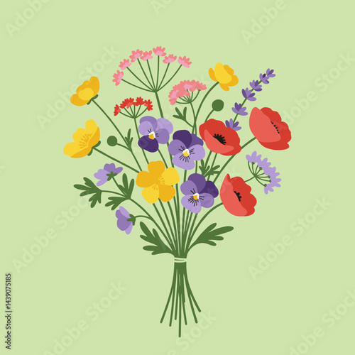 Bouquet of Wildflowers for Ivan Kupala Day on Soft Green Background  
