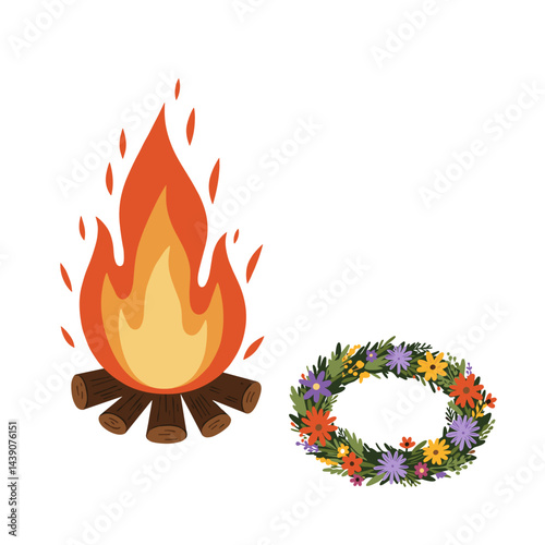 Ivan Kupala Day Fire and Flower Wreath Illustration  