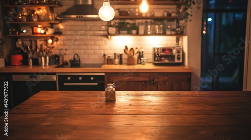 Rustic kitchen interior, warm lighting, wooden table, spice jar