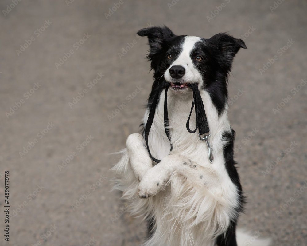 Fototapeta premium Border collie holding leash in mouth outdoors. 