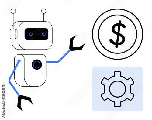 Robot with mechanical arms gesturing toward dollar sign and gear, representing technology, automation, efficiency, innovation, financial growth, process optimization, simple landing page